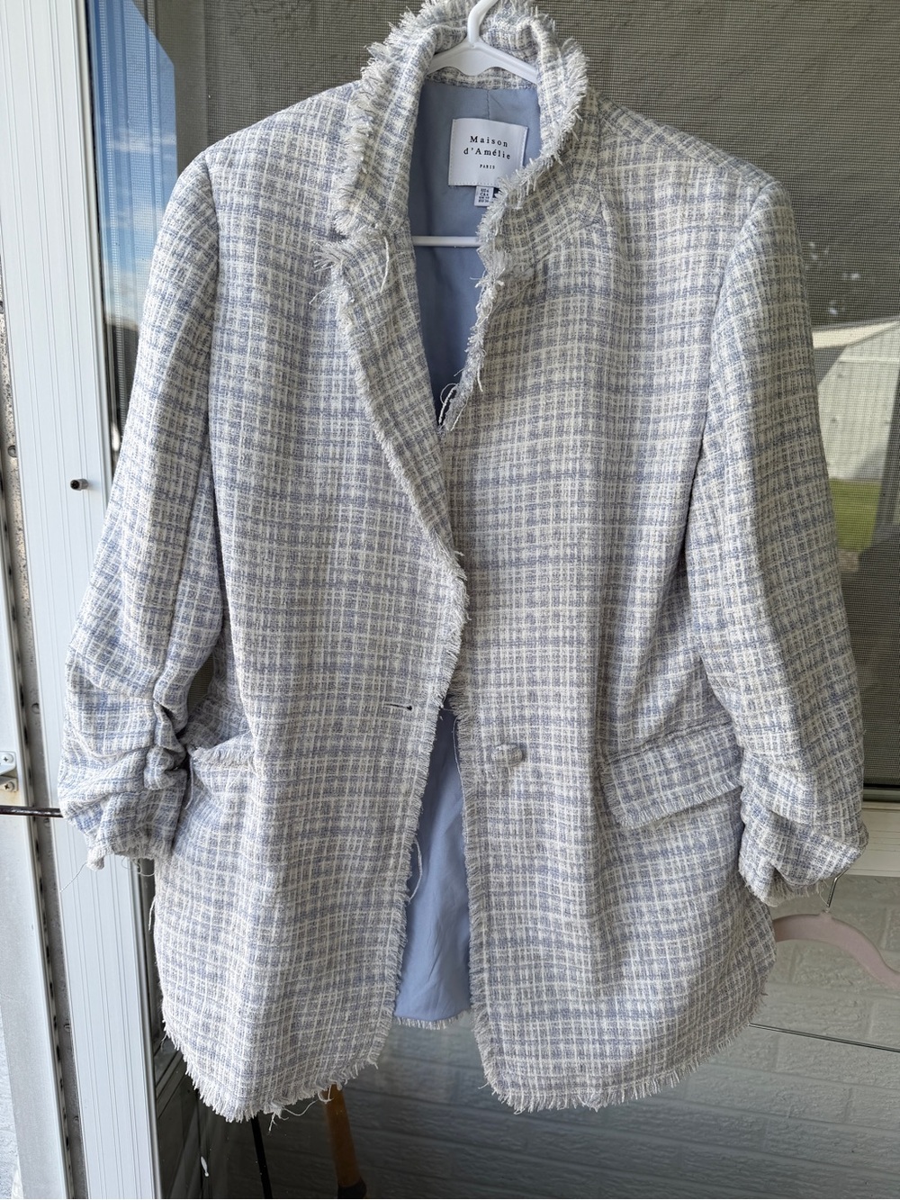 Women's Tweed Fringe-Trim Blazer Jacket in Light blue & Cream